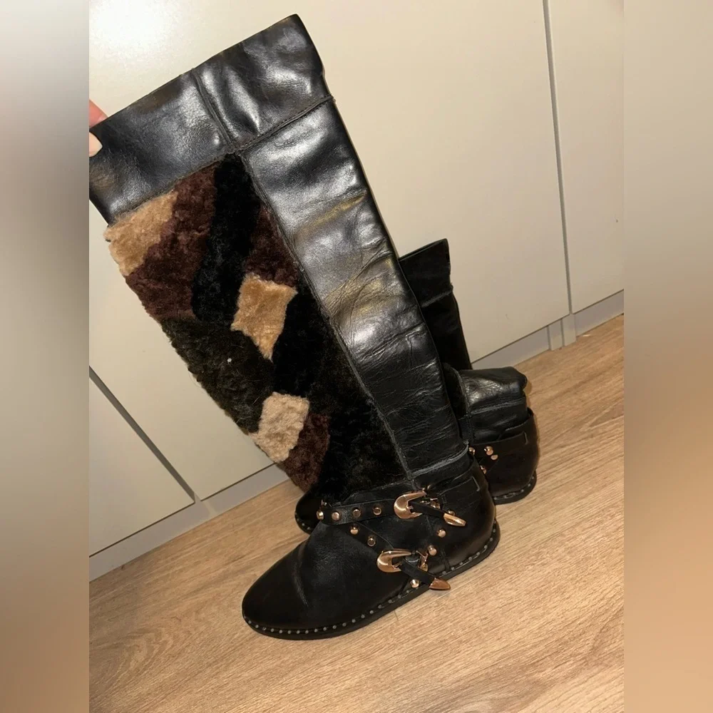 Ivy Kirzhner HUSKY Tall Boots Leather Fur Trimmed Studs Hidden Wedge Size 8B